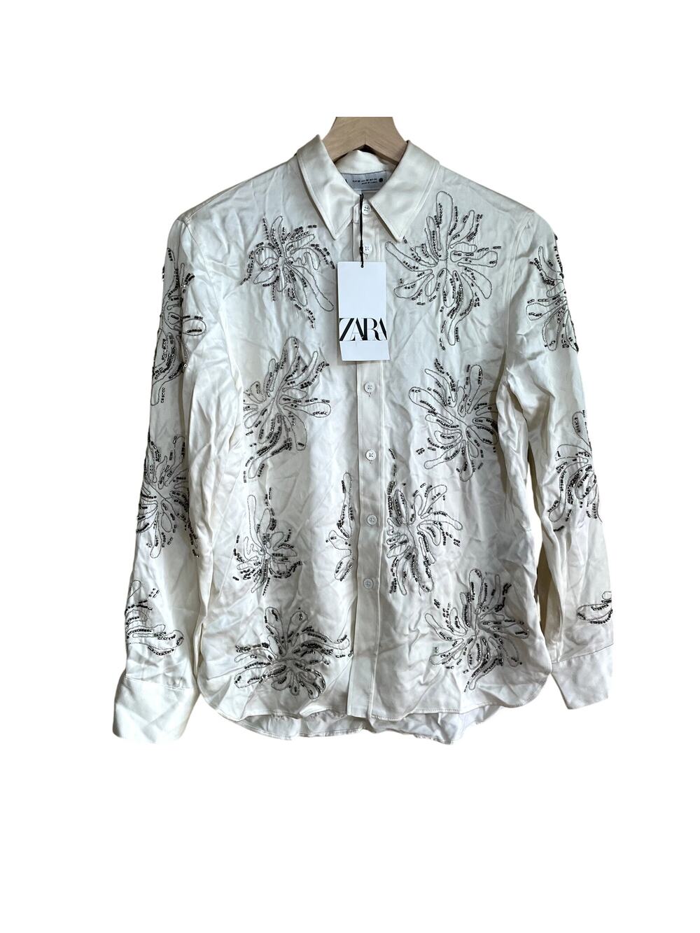 NWT Zara beaded long sleeved button down shirt floral cream satin‎ women's XS